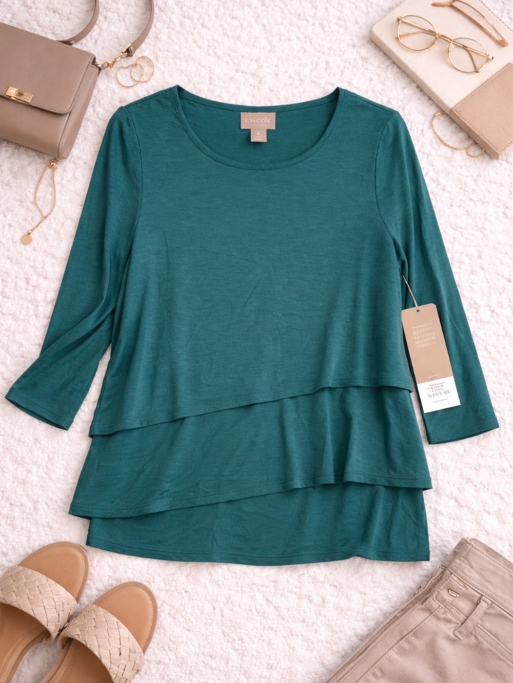 Chico’s Teal Layered Top Size 1 Small Soft Flowy 3/4 Sleeve
